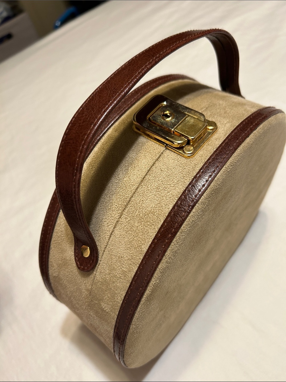Classic Tan Suede Cosmetic Case with Brown Trim and Gold Hardware